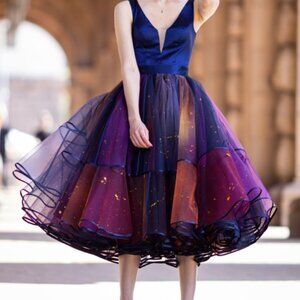 GALAXY COSMIC HANDPAINTED MULTICOLOR MIDI TULLE SKIRT 1X - 2X WEDDING PROM GOTH